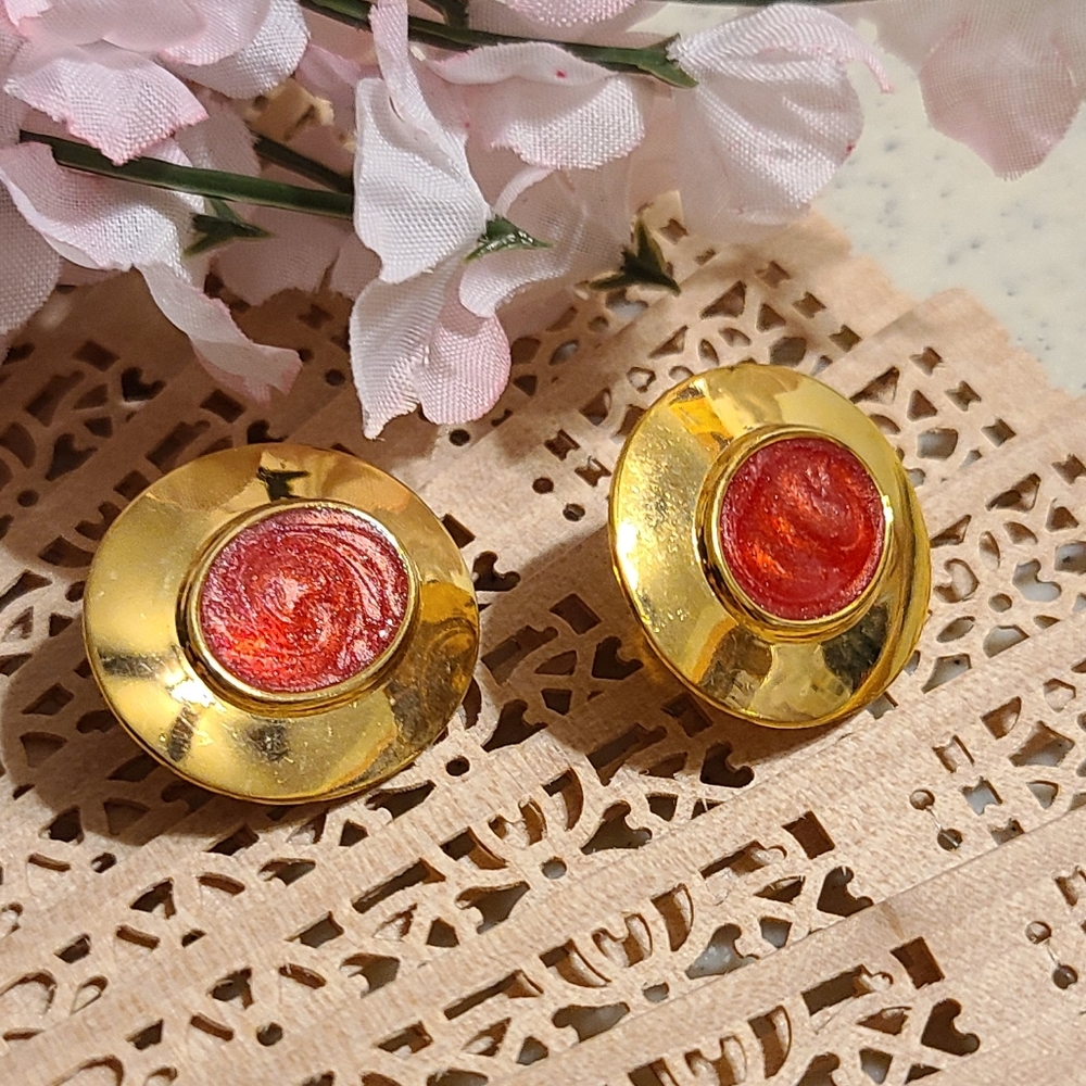 Elegant Gold and Red Clip On Earrings